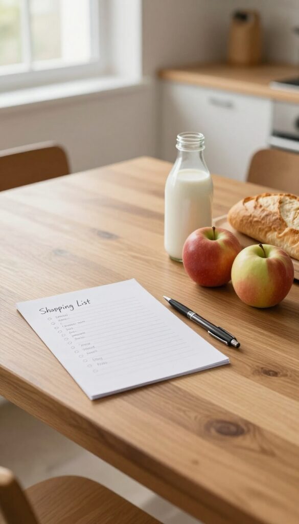 A handwritten shopping list on a wooden table with fresh groceries, illustrating the concept of sticking to a list to avoid overspending.
