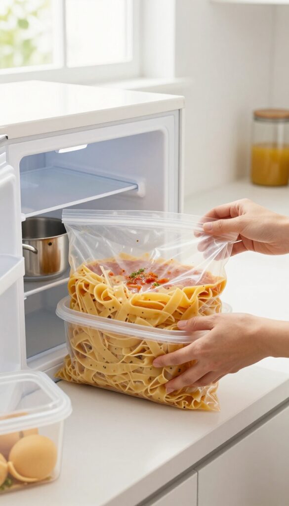 Hands placing a labeled freezer bag of homemade pasta sauce into an open freezer, with a pot of sauce on the counter.