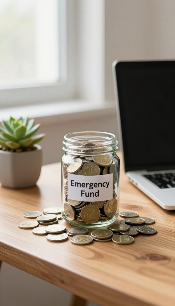 Glass jar filled with cash and coins on a wooden desk with a laptop and succulent, representing an emergency fund.