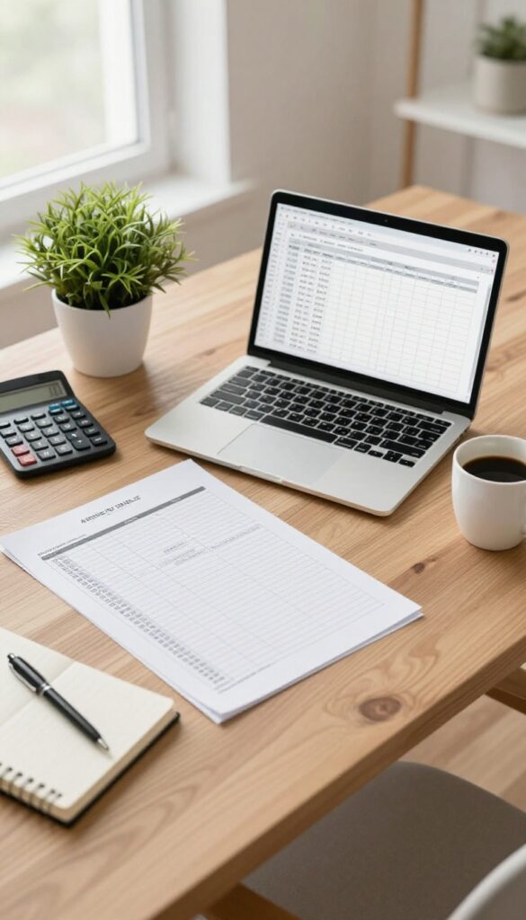 Quarterly financial review setup on a desk with laptop, budget papers, calculator, coffee, and plant.