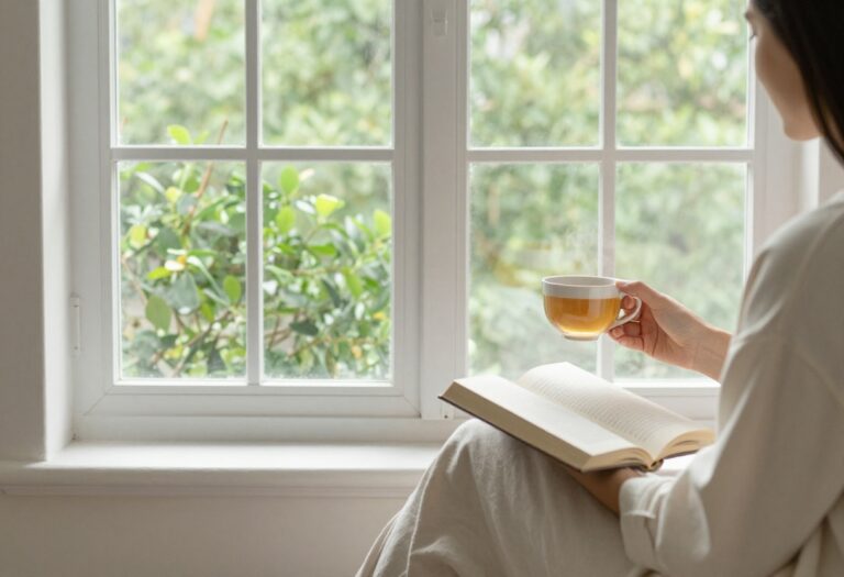 Person enjoying a quiet moment with tea and a book by a sunlit window