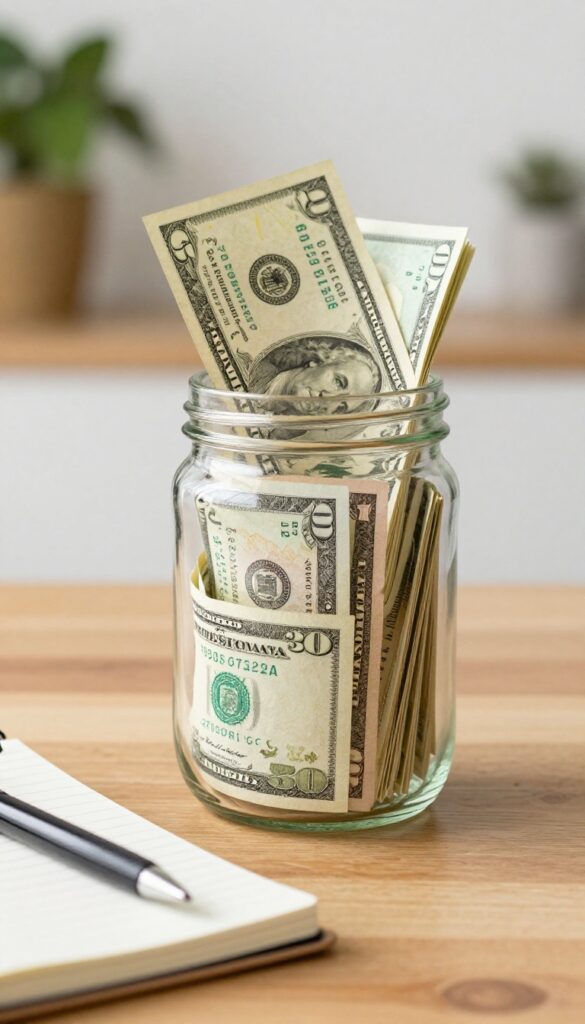 A glass jar filled with cash savings, with a notebook and pen beside it, on a wooden table in natural light.