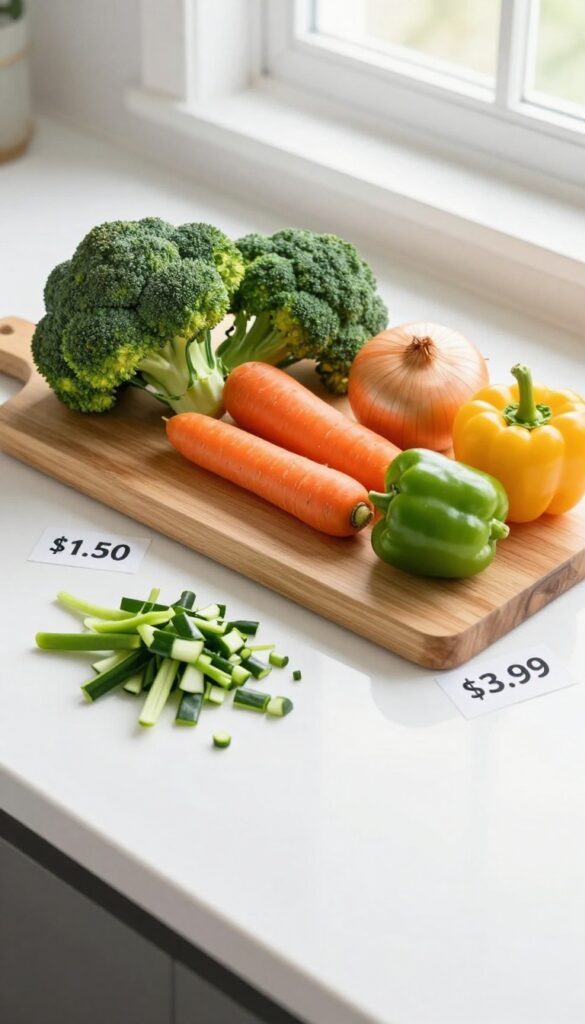 Whole vegetables versus pre-cut vegetables on a cutting board, showing price difference