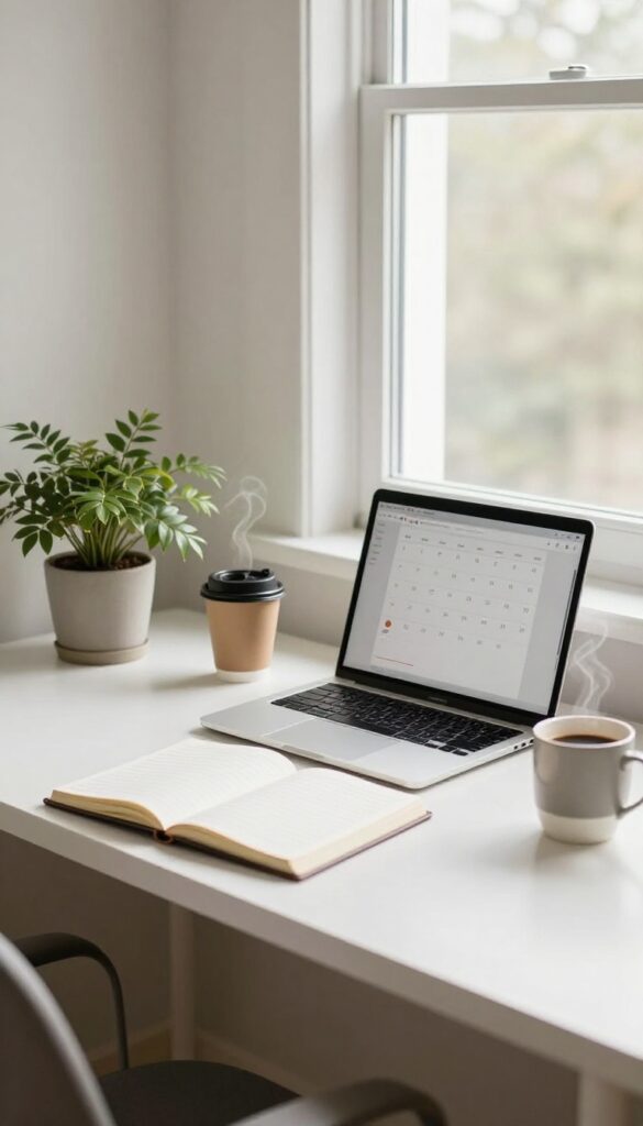 Cozy home office setup with laptop and coffee for virtual assistant side hustle
