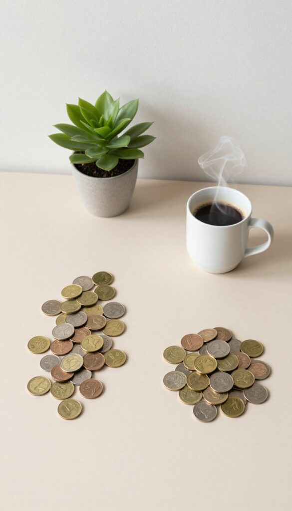 Two piles of cash and coins on a bright desk with a plant and coffee cup, symbolizing personal allowances for couples.