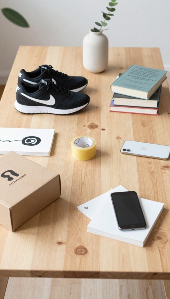 Flat lay of used items for sale online including clothing, electronics, and books with packing supplies