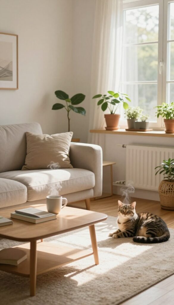Cozy house sitting scene with plants, cat, and sunlight in a clean living room