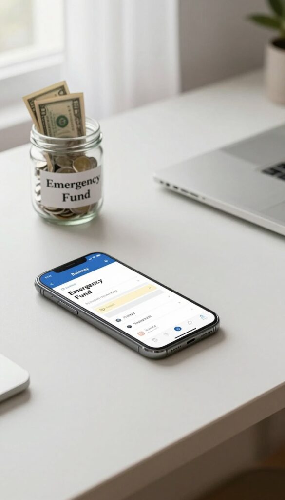 Smartphone displaying a savings transfer next to a glass jar filled with coins and a few bills, with a small 'Emergency Fund' tag, on a clean desk in natural light.