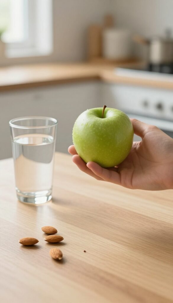 Hand holding a green apple with almonds and water on a wooden table, kitchen background