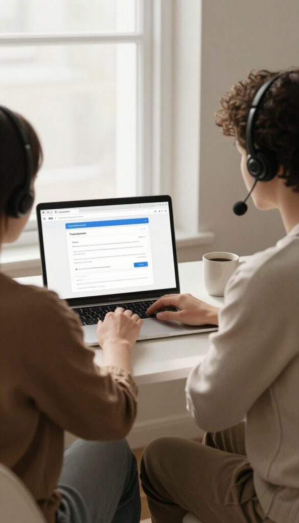 Person testing a website on a laptop with a microphone headset in a cozy home office