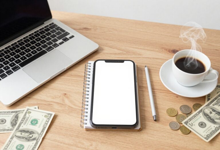 Laptop and smartphone on a desk with money and coffee, representing online money habits.