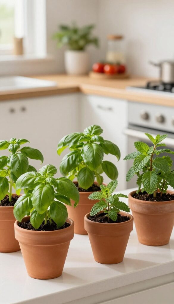 Small pots of herbs and cherry tomatoes on a sunny windowsill in a cozy kitchen