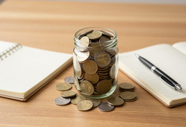Glass savings jar filled with coins and cash on a wooden table