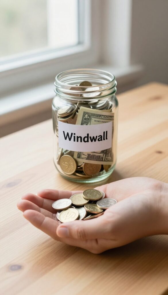 Hands holding cash and coins next to a glass jar full of money, representing the Windfall savings challenge.