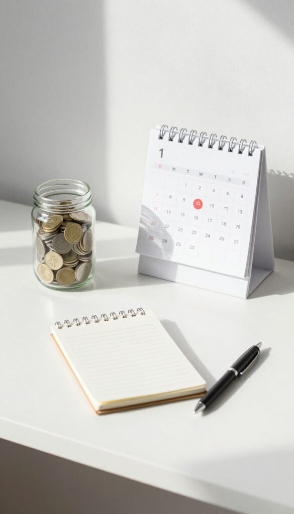 A jar of coins on a desk with a calendar, representing a no-buy month challenge