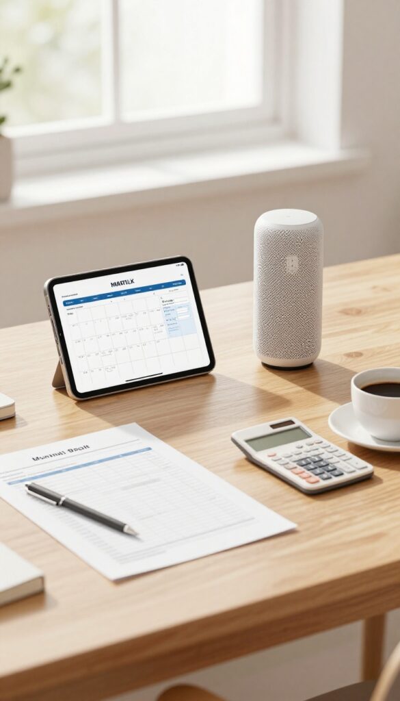 Person negotiating bills with phone and calculator on desk