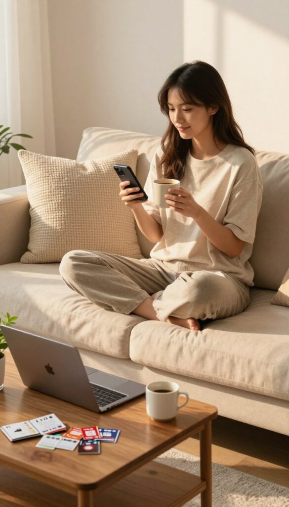 Woman on sofa taking online surveys on phone and laptop with coffee and gift cards on coffee table