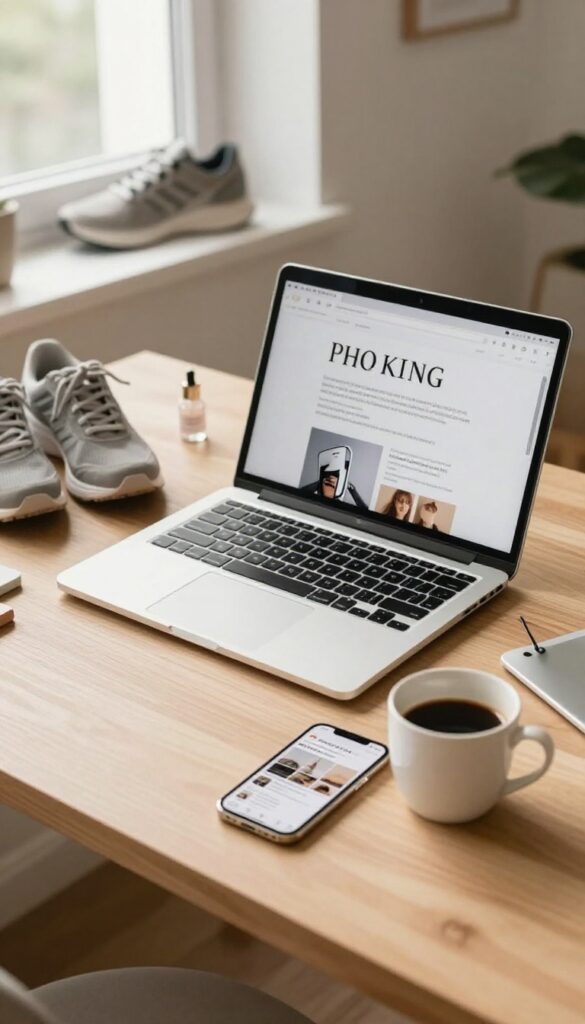 Flat lay of a laptop, smartphone, coffee, running shoes, and kitchen gadget on a wooden desk in natural light