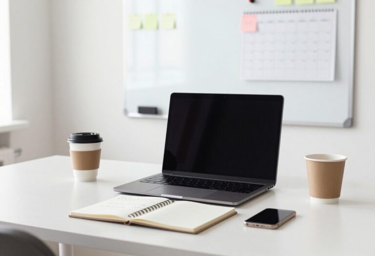 A well-organized desk setup with a laptop, notebook, coffee, and a planning board in the background, representing side hustle planning.