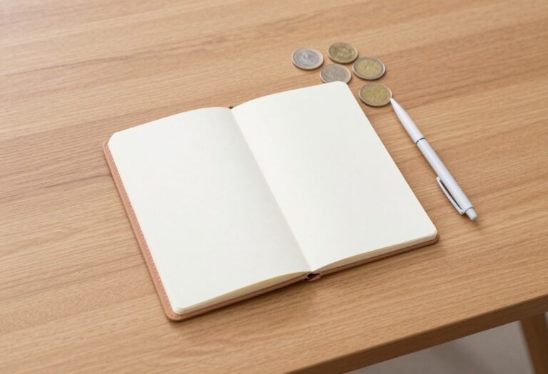 Flat lay of wallet, notebook, pen, and coins on a wooden table representing budgeting and saving.