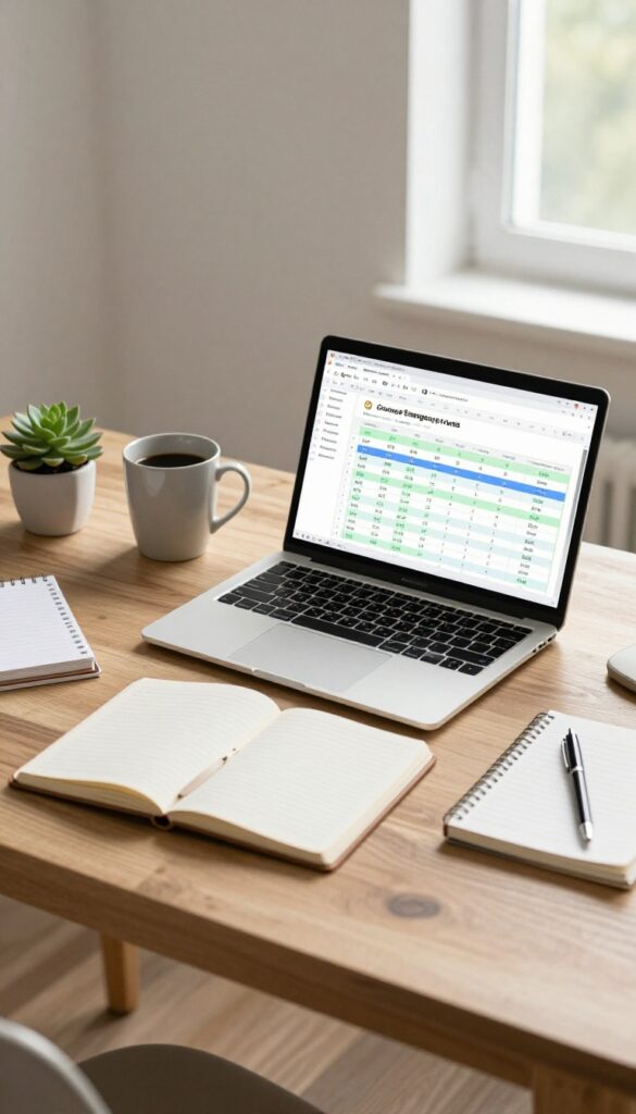 Laptop open to a spreadsheet for tracking emergency fund on a wooden desk with coffee and plant