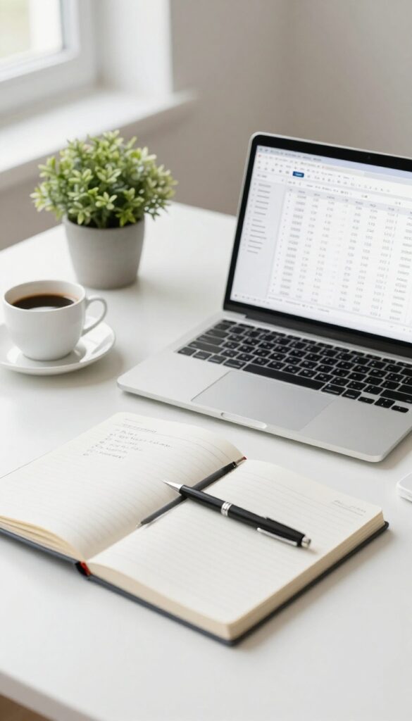 A desk with a laptop, notebook, pen, coffee cup, and plant in bright natural light, representing a monthly side hustle review session.