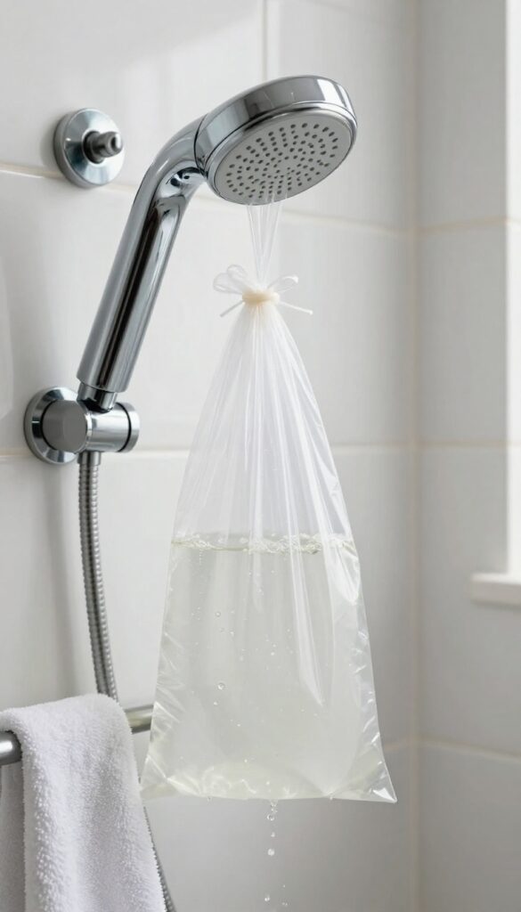 Showerhead soaking in a bag of vinegar to remove mineral buildup