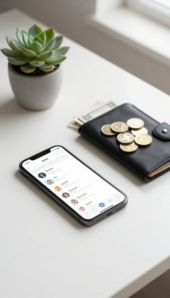 Smartphone with banking app, cash, coins, wallet, and succulent on a desk