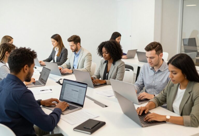 People working on various low-cost business ideas in a co-working space