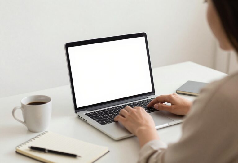 Person working on a laptop in a cozy home office with coffee and notebook