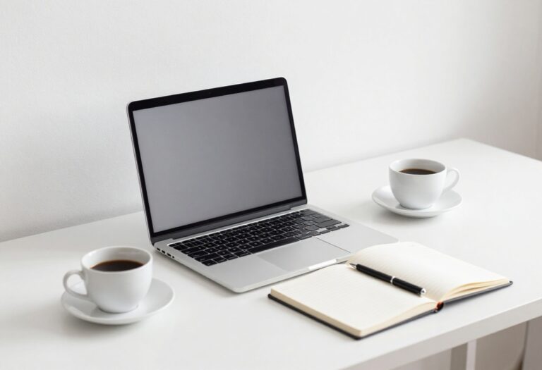 Blog post ideas on a laptop with notebook and coffee