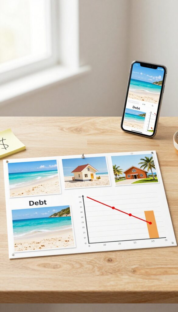 A financial vision board on a desk with pinned images of a house, vacation, and debt graph, plus a smartphone with the same wallpaper.