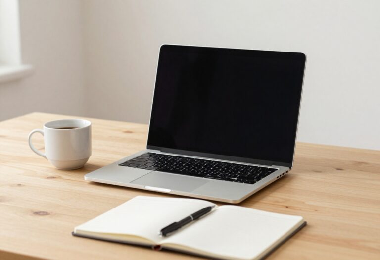 Workspace with laptop and coffee mug representing digital side hustles