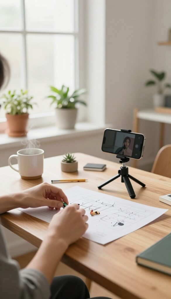 Person recording a DIY video with smartphone on tripod in bright home office