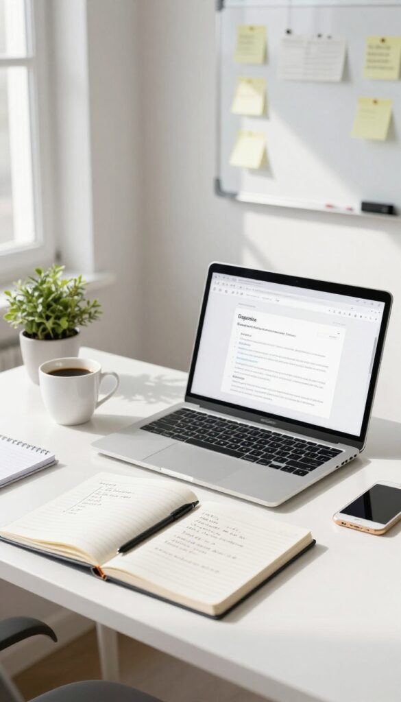 A modern home office desk with a laptop showing a website wireframe, a notebook with HTML code, and a coffee cup, bathed in natural light.