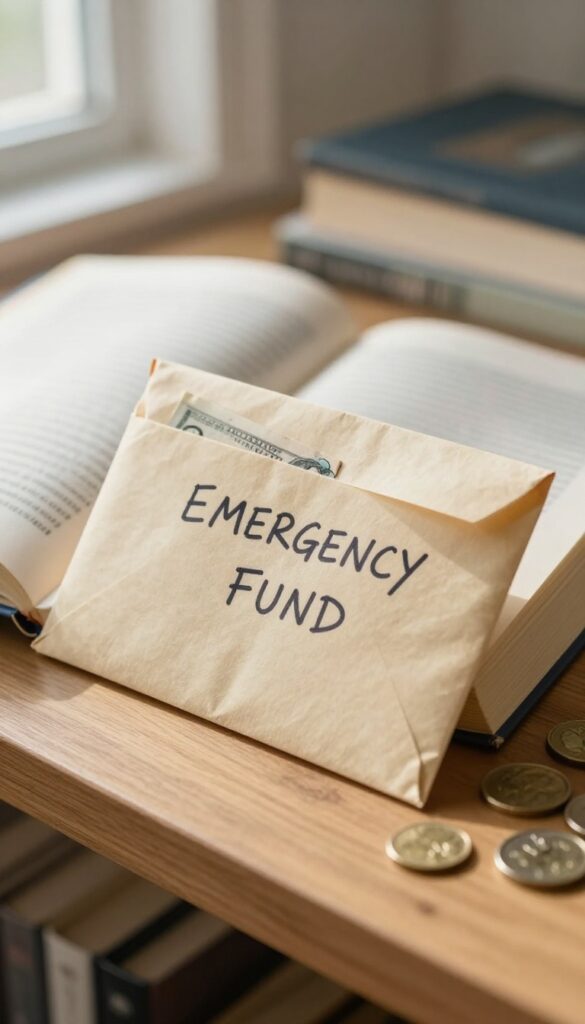 Emergency fund envelope hidden inside a book on a shelf