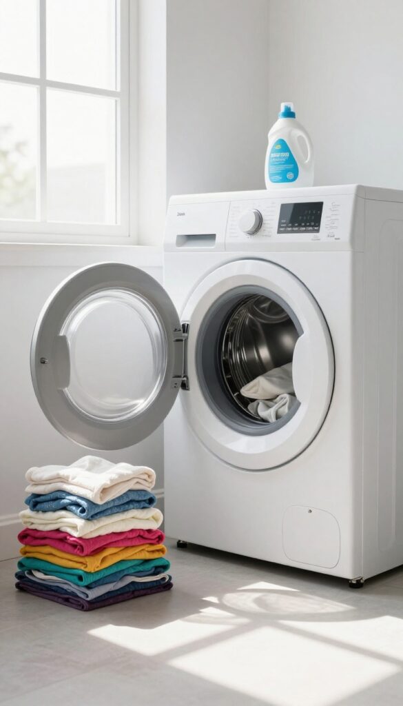 Laundry room with washing machine and cold-water detergent, bright natural light