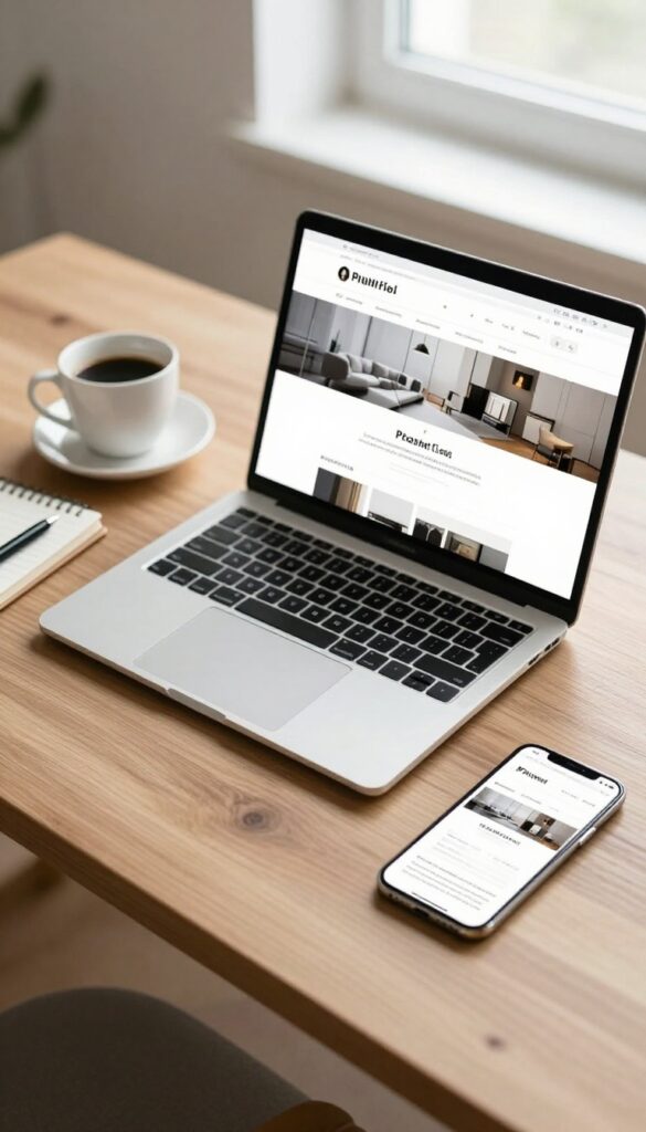 A laptop and smartphone displaying a blog website on a wooden desk with coffee and notebook, bright natural light.