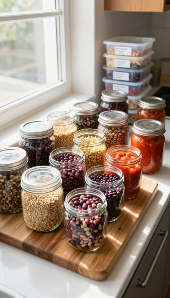 Batch cooking preparation with jars of beans, grains, and sauce, and freezer bags in background