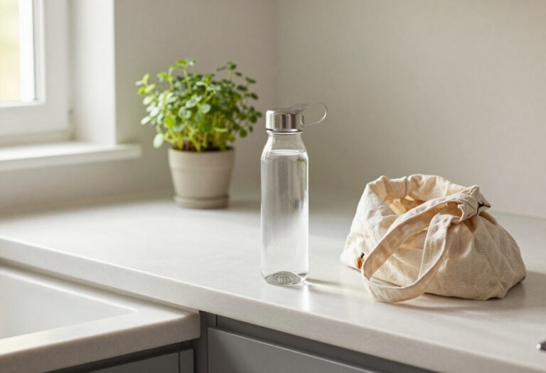 Frugal household items on a kitchen counter: reusable water bottle, herb plant, and cloth bag.