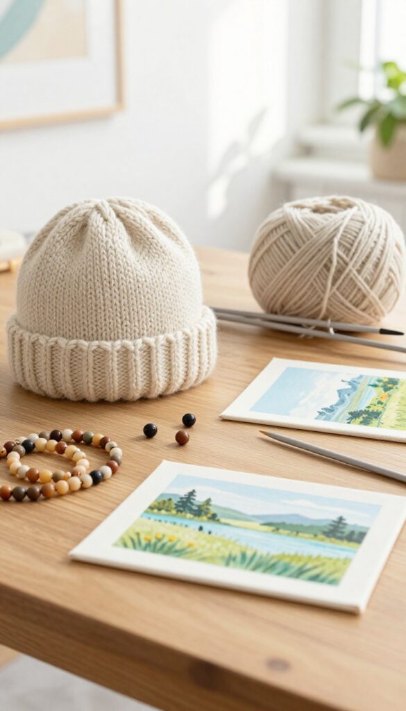 Flat lay of handmade crafts including knitting, jewelry, and painting on a wooden table in natural light.