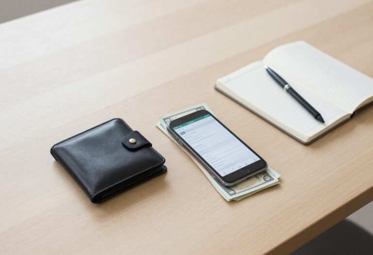 Flat lay of wallet, cash, smartphone with budgeting app, notebook, and pen on wooden table