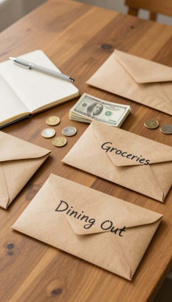 Cash envelopes for budgeting on a wooden table