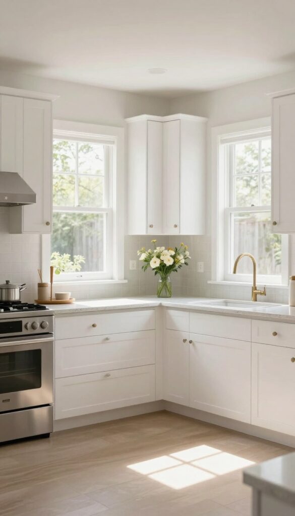 Bright modern kitchen with white cabinets and natural light, representing a home renovation savings goal.