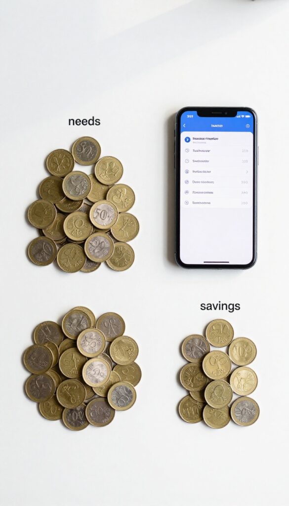Flat lay of cash divided into three piles representing the 50/30/20 budget rule, with a smartphone showing automatic transfers.