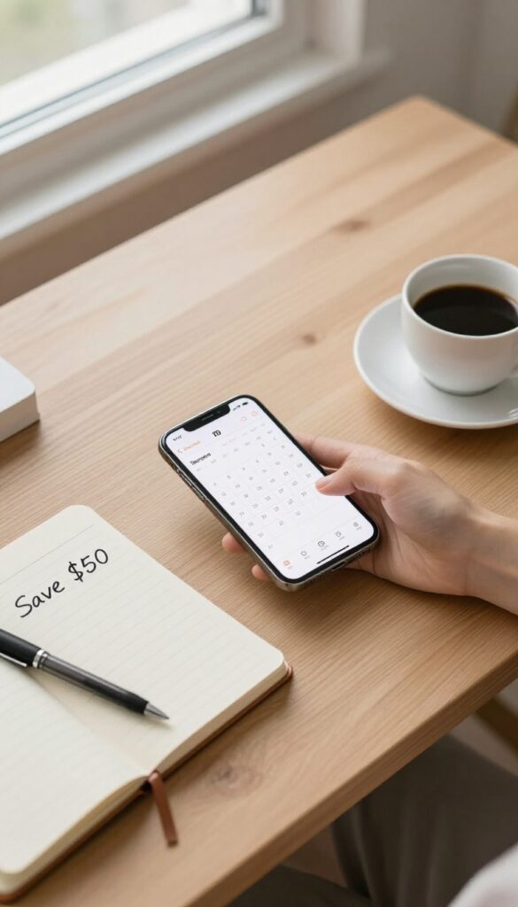 A person's desk with a phone, notebook, pen, and coffee for a 10-minute payday money check-in routine.