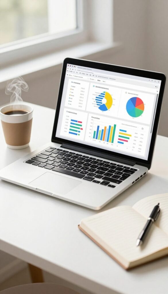Laptop displaying analytics dashboard with charts and graphs on a desk with coffee and notebook