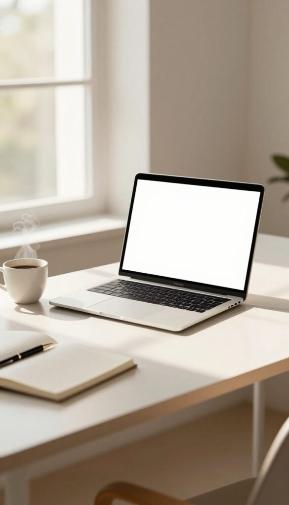 A cozy desk setup with a laptop, coffee, notebook, and pen in natural light for a freelance writing side hustle.