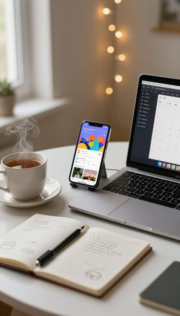 Evening home office with smartphone showing social media dashboard, laptop, tea, and notepad.