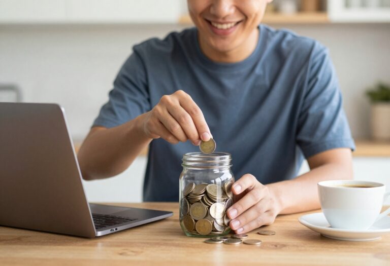 Person saving coins in a jar on a table with laptop and coffee